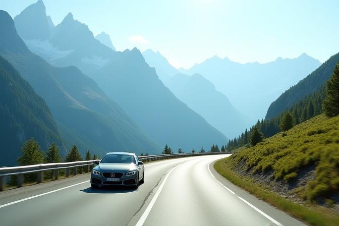 Eine Gebirgsautobahn in Österreich mit einem Auto, das auf der linken Seite fährt